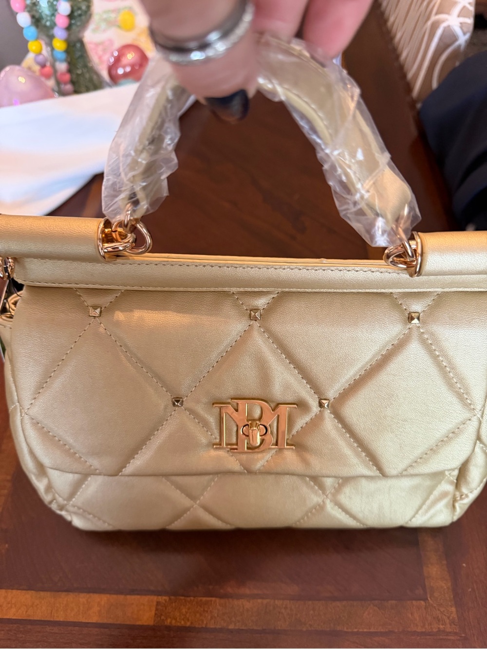 Badgley Mischka Metallic Gold Quilted Satchel with Logo Hardware - Picture 5 of 5